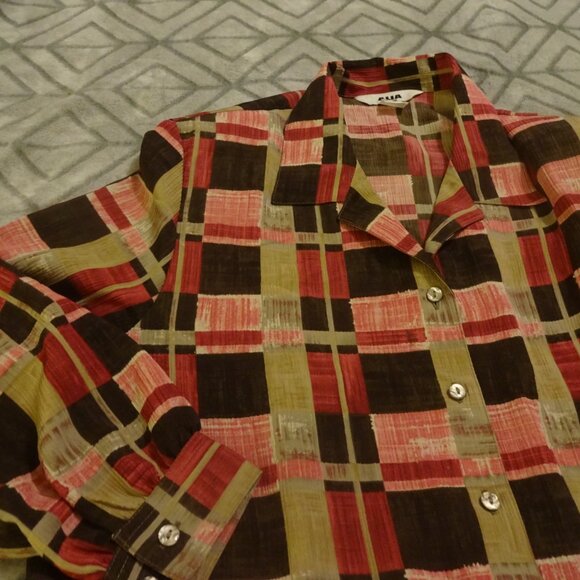 ALIA Blouse Women's Size 18P PINK & BROWN BLOCK Shirt Top Button Up 3/4 Sleeve - Picture 2 of 4